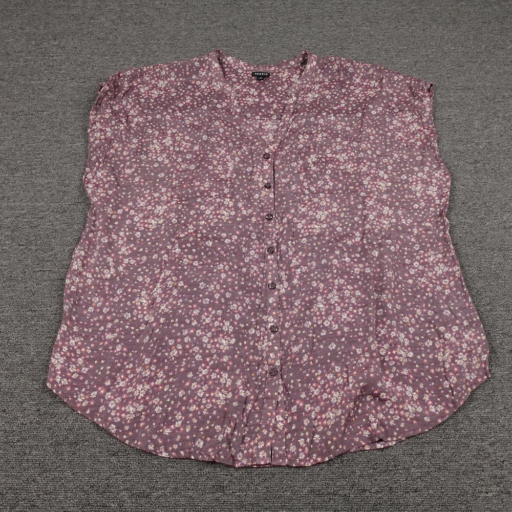 Torrid Blouse Womens 3 Purple Floral Button Front Sleeveless Sheer Plus Top
